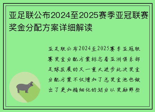 亚足联公布2024至2025赛季亚冠联赛奖金分配方案详细解读