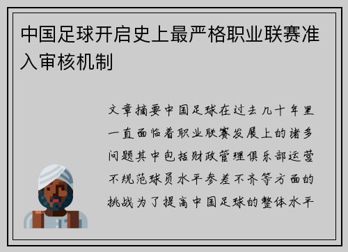 中国足球开启史上最严格职业联赛准入审核机制 中国足球开启史上最严格职业联赛准入审核机制
