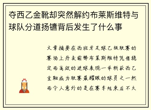 夺西乙金靴却突然解约布莱斯维特与球队分道扬镳背后发生了什么事
